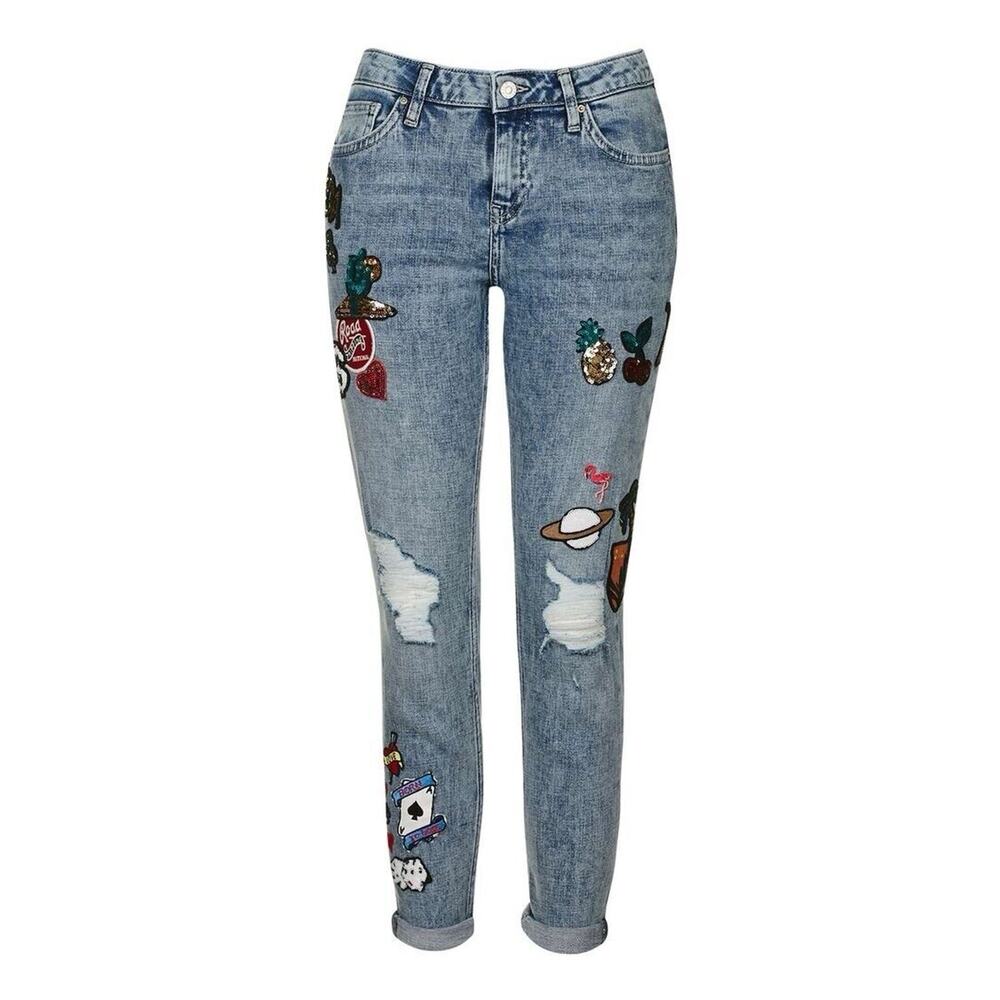 TOPSHOP MOTO LUCAS DISTRESSED BADGED SLIM STRAIGHT LEG JEANS W26 L30